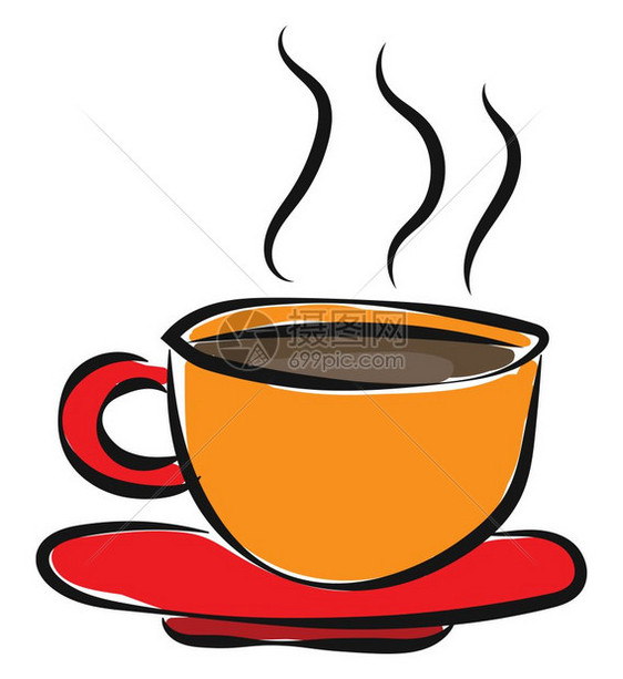 在装满蒸汽热咖啡矢量彩色绘画或插图的红碟上涂橙色咖啡杯的油漆图片