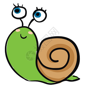 一只可爱的绿蜗牛食道只有一个硬卷圈的棕色贝壳有闭着的笑容转向脸颊而爬行的矢量彩色画或插图图片