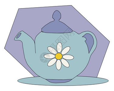 蓝色茶壶的肖像装饰着花朵的蓝色茶壶配有手柄盖和螺纹看上去很漂亮的矢量彩色图画或插图片