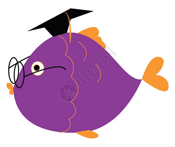 一份紫色和黄毕业鱼的剪贴板上面戴眼镜黑船头罩看起来很可爱和有趣的矢量颜色图画或插图片