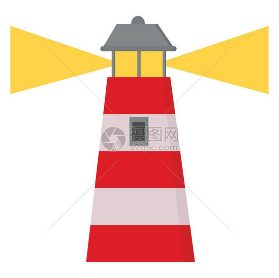 一座配有替代红带和光的漫画灯塔作为台支持灯室释放黄色光矢量彩图画或插图片