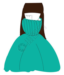 一个只闭着眼长直黑头发的女孩穿着一身绿色的青马球颈衣毛矢量彩色图画或插图片