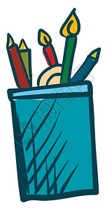 绘画蓝色铅笔盒装着一些锋利和钝色铅笔矢量彩绘画或插图图片