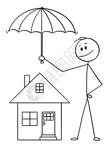 矢量卡通插图绘制拥有保护家庭住房伞的男子商人或保险代理的概念插图背景图片