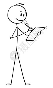 矢量漫画棒图绘制微笑的人或商在纸页上用圆点笔写字的概念插图图片