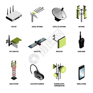 互联网和多媒体数据传输的字通信和无线连接装置卫星天线Wifi路由器或调制解和智能手机蓝牙耳的矢量孤立图标数字通信和连接现代设备矢图片