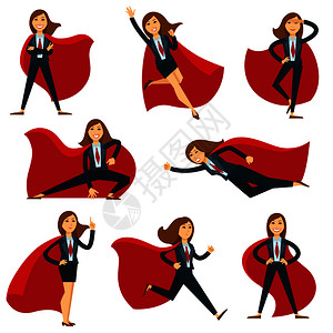 身着超级英雄服装斗篷和办公飞行跑步或强大的手举力几组商业妇女超级英雄服装斗篷和办公西的超级女或办公室经理图片