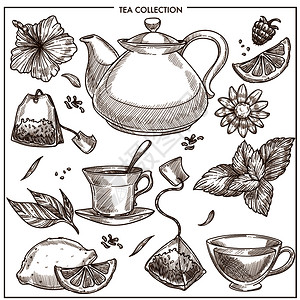 热茶壶和黑杯或绿柠檬薄荷或芳香药草和耳灰茶袋香和菊或果汁茶杯壶和袋或草药调味品图片