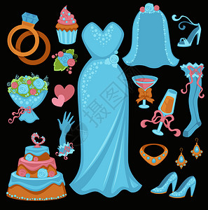 婚纱优雅的礼服奢华首饰时髦品温柔花束香槟杯子和美味的蛋糕矢量插图图片