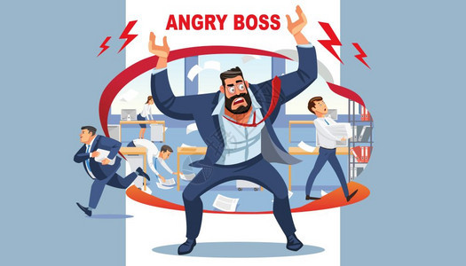 愤怒的老板在他下属混乱中大喊叫紧张的矢量卡通人物办公室工人匆忙地作有趣的卡通人物工作环境的矢量说明图片