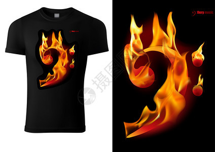 黑色T恤衫设计配有火焰音乐符号图片