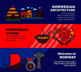 挪威传统建筑和烹饪宣传海报矢量插图集图片