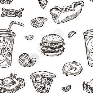 单色素描甜圈和薯片炸土豆意大利披萨切片和热狗配有面包和香肠芥末酱快餐汉堡苏打饮料图片