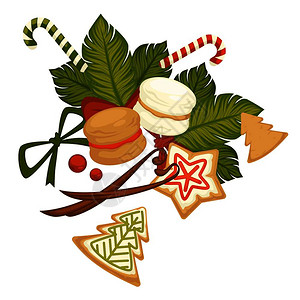 圣诞快乐冬季假日饼干和甜食向量传统植物有浆果的薄荷树叶饼以恒星松树和雪花形式出现糖果棒条纹圣诞快乐冬季假日饼干和甜食向量图片