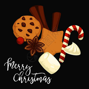 圣诞快乐传统饼干和并配有肉桂矢量的饼干巧克力味糕饼棉花糖和棒冬季节庆日的甜食和糕点美味的食物圣诞快乐传统饼干和配有肉桂矢量的饼干图片