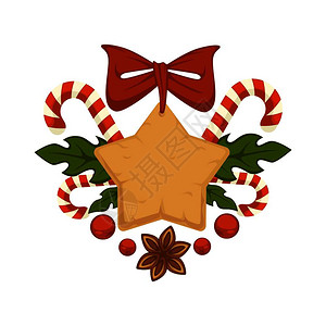 圣诞快乐传统的姜饼象征干和糖果矢量饼干的肉桂香草味道有浆果的寄生植物叶糖棒和红丝带的弓图片