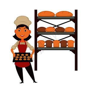 装满鲜饼干和大木摊的女面包师和装着小麦面包架上的黑麦和面包的大木摊子戴帽和围裙的妇女新鲜面包产品与卡通平面矢量插图隔离装着饼干和图片