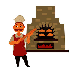 面包师用小胡子和面包袋站在旧砖炉附近里面有开着的火焰和生面包戴帽子和围裙的男持有法国面包机产品孤立的卡通平面矢量图包师用小胡子和图片
