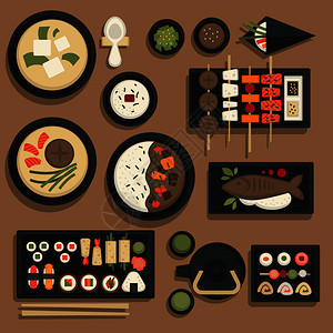 日本传统餐具图标包括寿司卷用鱼或面条和汤煮饭的日本传统餐品图标用鱼或面条和汤煮饭的日本餐品传统烹饪餐厅菜单的日本食物和寿司品图标图片