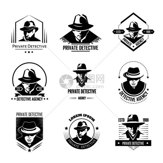 与戴帽子和经典大衣的男子私人侦探促销单色标志与特殊官员卡通矢量插图图片