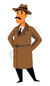 负责调查的警探矢量卡通特工或警察督穿用大衣和长胡子帽的人图片
