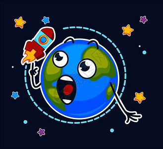 火箭和地球在恒星中的卡通平面矢量图环绕轨道运行的地球和宇宙插画
