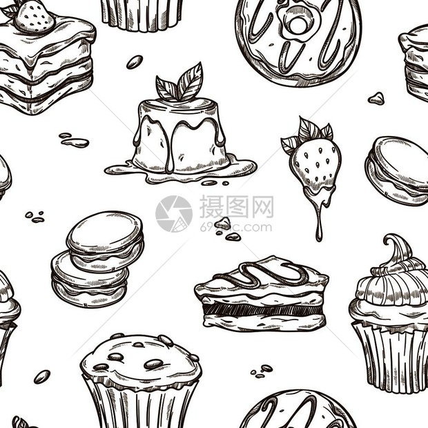 插画 其他 互联网 蛋糕和甜点素描图案背景矢量无缝的饼巧克力羊角