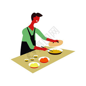 男人用围裙做饭碗男人盘子在上做饭男人在锅里做饭技巧烹饪和餐具配有导线矢量图男人在碗里做饭和盘子男人在碗里做饭男人在碗里做饭和盘子图片