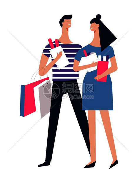 女友和男朋从商店杂货携带包裹男女恋爱者每天例行的孤立漫画矢量插图图片