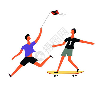 放风筝和坐滑板的儿童矢量插图图片