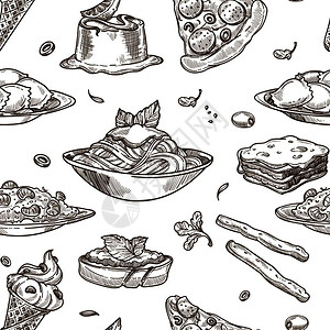 意大利烹饪草图背景意大利传统面食披萨或意大利面条橄榄沙拉意大利菜饭和糖浆甜点等意大利传统食品盘的矢量无缝设计意大利菜矢量草图模式图片