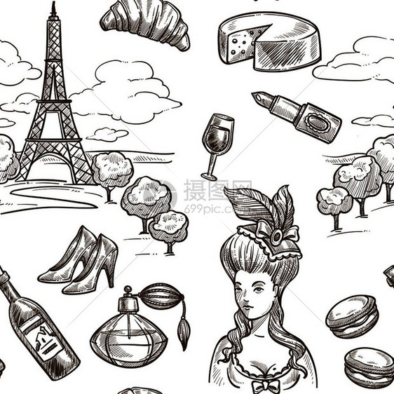 法国地标和著名符号草图背景矢量无缝巴黎埃菲尔铁塔或奶酪葡萄酒面包法国香水或用于旅行和游设计的时装鞋图片