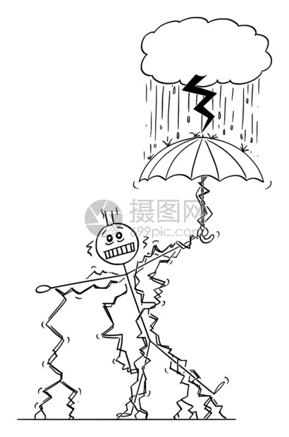 在小风暴云下的雨伞站在小风暴云下的雨伞被闪电击中的人或商Man或BusinessmanStruck的矢量卡通图片
