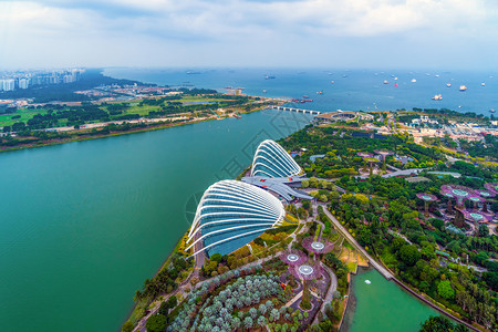 中午12点在新加坡市下城的MarinaBay区海湾旁的花园中风景背图片