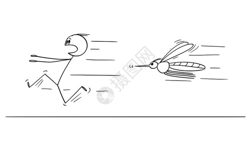 矢量卡通插图绘制人类在害怕蚊子或昆虫的情况下逃跑概念图图片