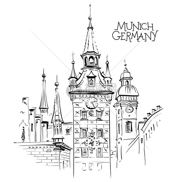 德国慕尼黑Marienplatz中央广场老城厅的矢量草图德国巴伐利亚慕尼黑老城厅德国慕尼黑图片