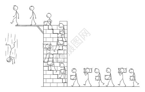 矢量卡通棒图绘制概念说明携带大石块的男子或工人作为建筑材料和在高塔上爬楼梯职业比喻图片