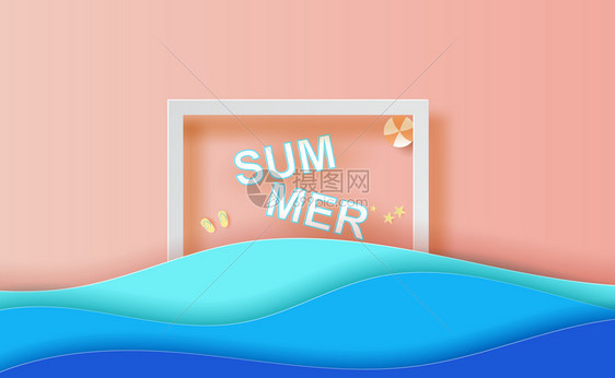 您文本的夏季顶端视图场景位置夏季横幅背景概念典型的假日海浪设计纸切割和手工艺风格最小图形折纸元素海边victor图片