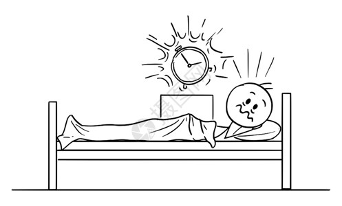 矢量卡通插图绘制疲劳男子躺在床上凌晨被敲响闹钟吵醒的概念图图片
