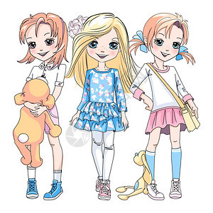 三个穿裙子短裤和运动鞋的可爱金发美女和红孩图片