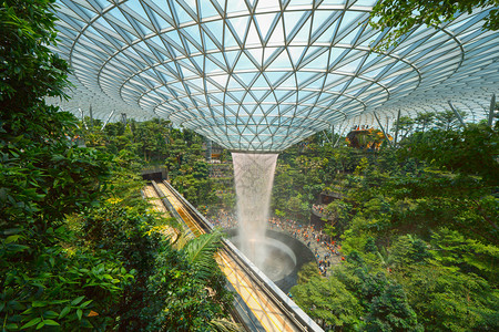 百万人新加坡城JewelChangi机场室内设计装饰瀑布花园和树木背景