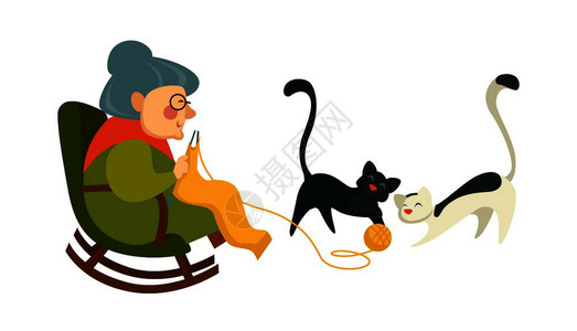 年老的退休妇女穿着毛衣和玩猫盘年老的退休妇女穿着木椅子小猫穿着丝球祖母家禽的畜年老妇女穿着退休毛衣和玩猫图片
