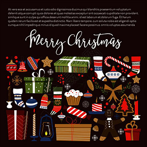 圣诞快乐礼物和象征是冬季的矢量礼物袜子和星的姜饼干以人和松树为形式装饰弓和糖果棒圣诞快乐礼物和冬季假日的象征物图片