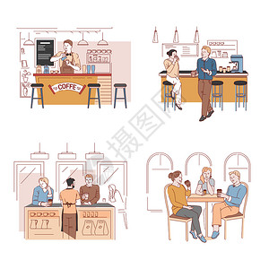 卡通手绘咖啡馆场景矢量插画图片