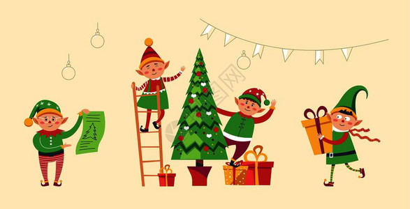 精灵为冬季节日矢量准备圣诞松树长青Gnome穿着服装站在长梯上装饰有子的葡萄园下面礼物和品盒被装饰为符号Elves准备圣诞松树长图片