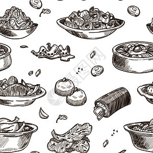 韩国菜传统盘子草图无缝模式一套配有桑纳基和姆奇卷心菜辣拉面汤或布洛戈吉鸡肉和韩国餐厅糕点的鸡肉韩国菜传统盘子草图也配有无缝模式韩图片
