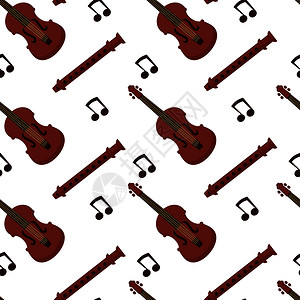 矢量孤立的一组管弦琴摇滚或班卓吉他钢琴音乐笔和鼓或震动马拉卡斯和带萨克风或喇叭低音的笛子图片