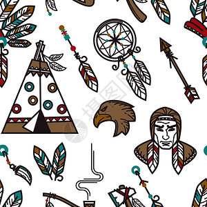 土著美洲印第安人传统文化象征物背景土著家庭和部落偶像假发棚托马霍克工具和烟斗的矢量无缝设计土著美洲印第安人传统文化象征物背景图片