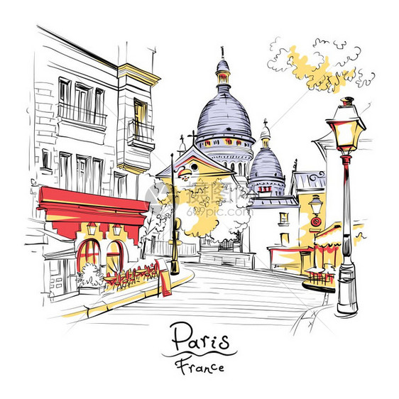 法国巴黎Montmartre区Tertre和SacreteCoeur广场的矢量草图法国巴黎Montmartre区法国巴黎Mont图片