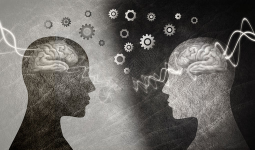 神经科学的发展对人培训智力认知和教育2个人头的轮光图记忆概念神经学和心理背景图片